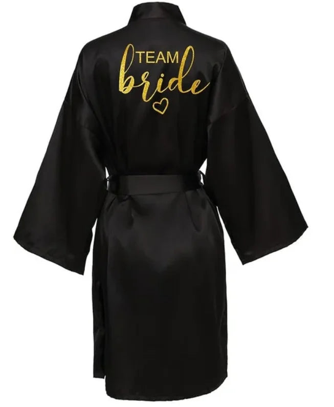 Wedding Party Team Bride Robe Kimono Satin Pajamas Bridesmaid Bathrobe Gold Letter SP093