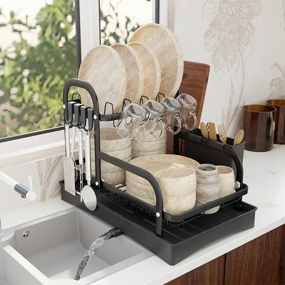 2 Tier Dish Drainer Drying Rack with Cup Holder Cutlery Tray Kitchen Organiser