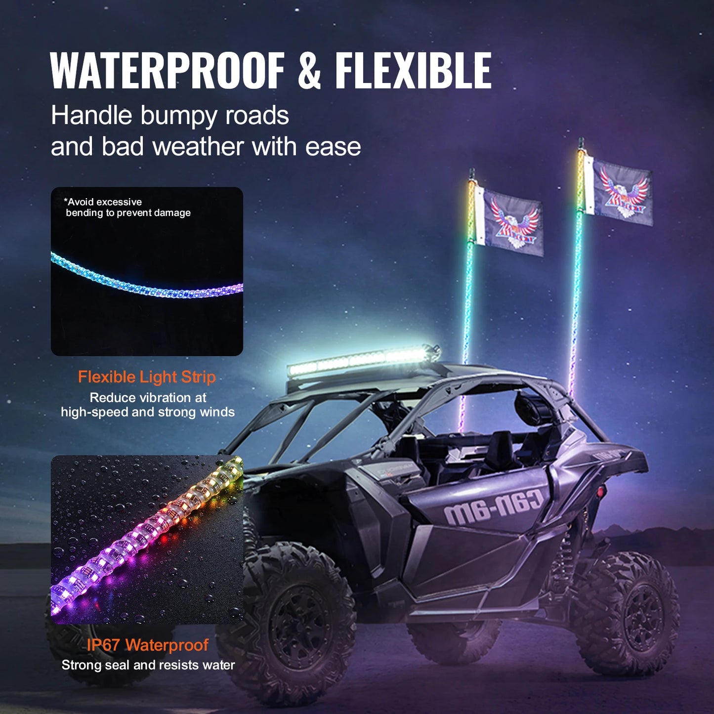 SucceBuy 2 PC 5FT Whip Light APP&RF Remote Control Led Whip Light Waterproof Lighted Whips for Motorcycle Off-road Go-kart