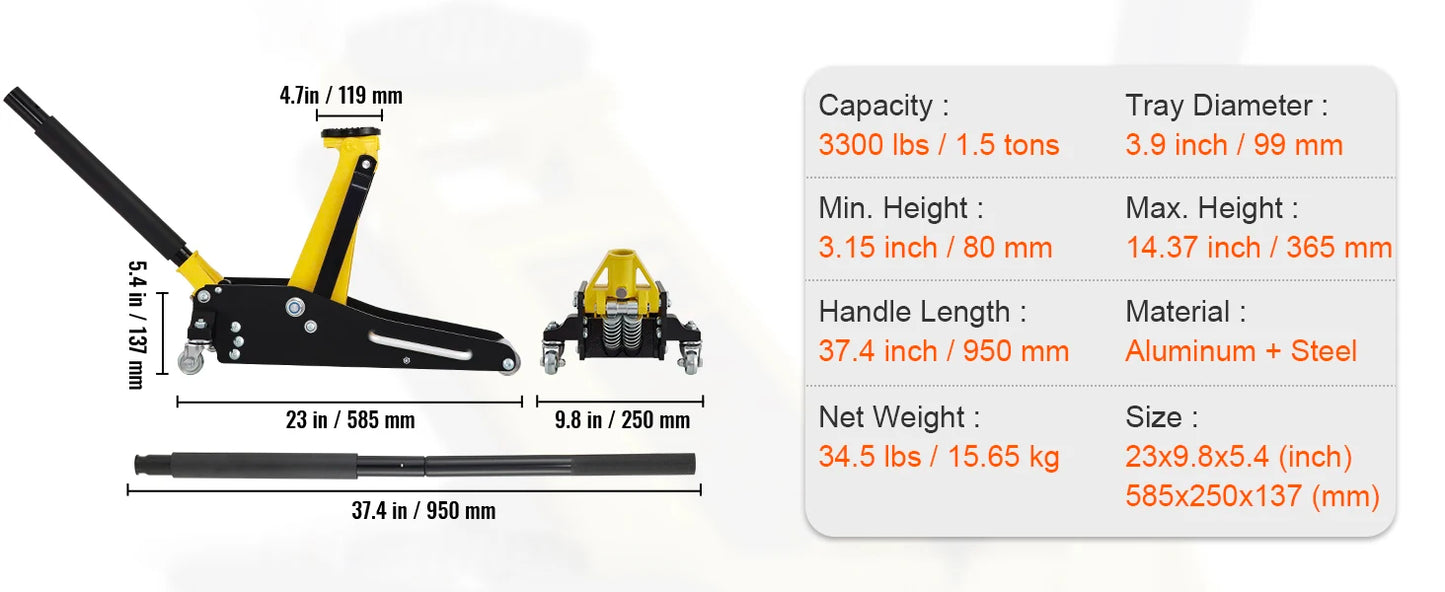 SucceBuy Car Jack 1.5-3T Floor Jack Aluminum&Steel Racing Jack W/ Single Pistons Quick Lift Pump Tire Change Lifting Repair Tool
