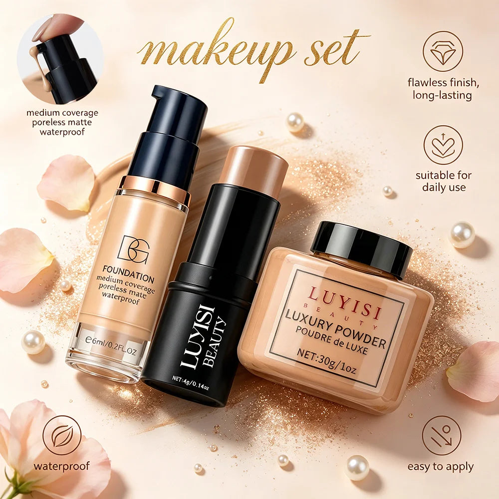 Facial Makeup Set:1PC Matte Foundation+1PC Contouring Stick+1PC Oil-Control Powder,Full Coverage,Waterproof And Sweatproof.