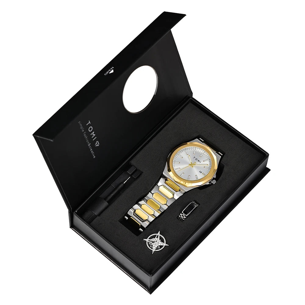 TOMI Luxury Business Men's Watch Gift Box Set High Quality Rose Gold Case Simple and Versatile Quartz Watch Relogio Masculino