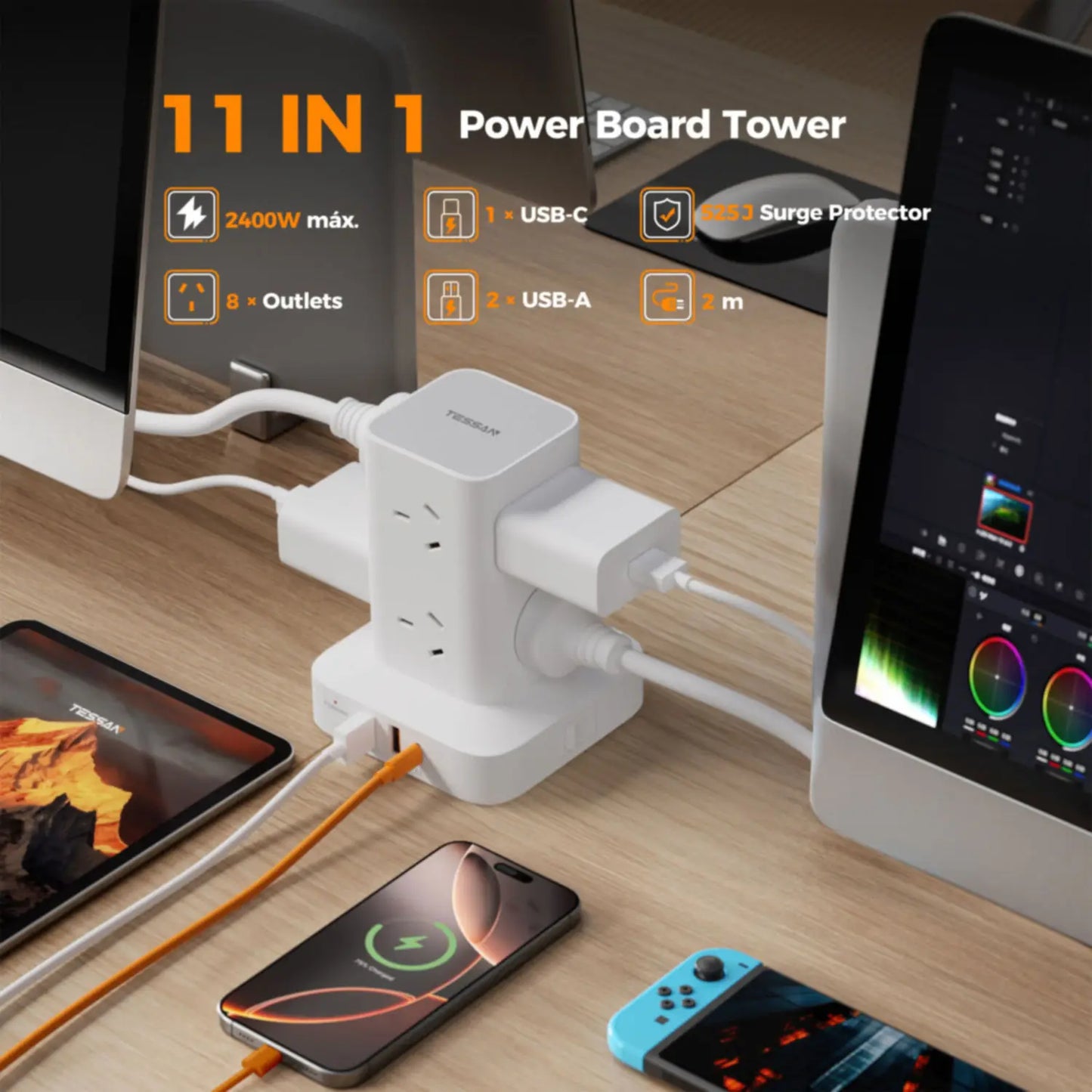 TESSAN AU Plug Tower Power Strip Desktop Fast Charging Station 65W GaN USB C AUS Power Strip with 6 USB Ports for Home Office