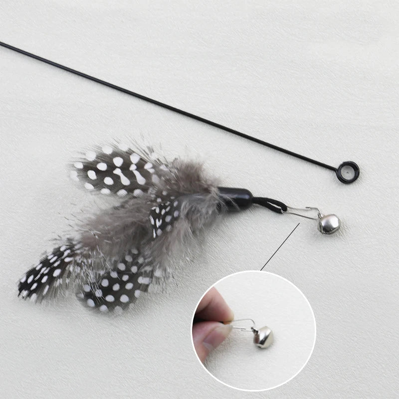 Wooden handle spring teasing cat stick pearl feather replacement head scratch-resistant cat toys to relieve boredom pet supplies