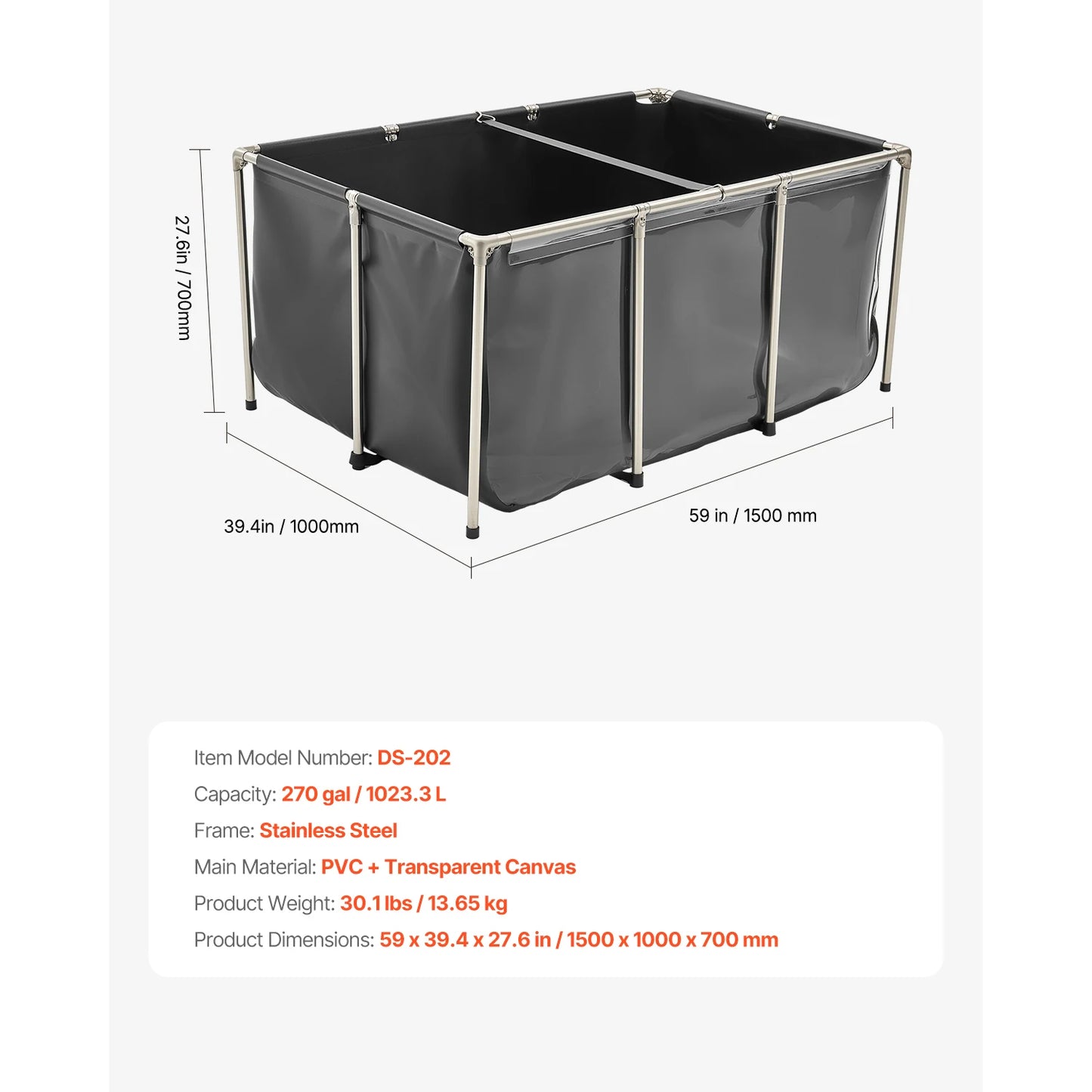 SucceBuy 126.8/270/470 Gal Canvas Fish Pond Rectangular Goldfish Tank with Stainless Steel Frame & Drain Valve for Breeding Koi
