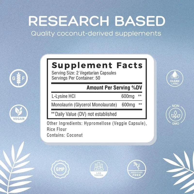L-Lysine + Monolaurin Capsules – 1:1 Ratio Immune & Digestive Support, Boosts Metabolism and Energy Production, Skin Support