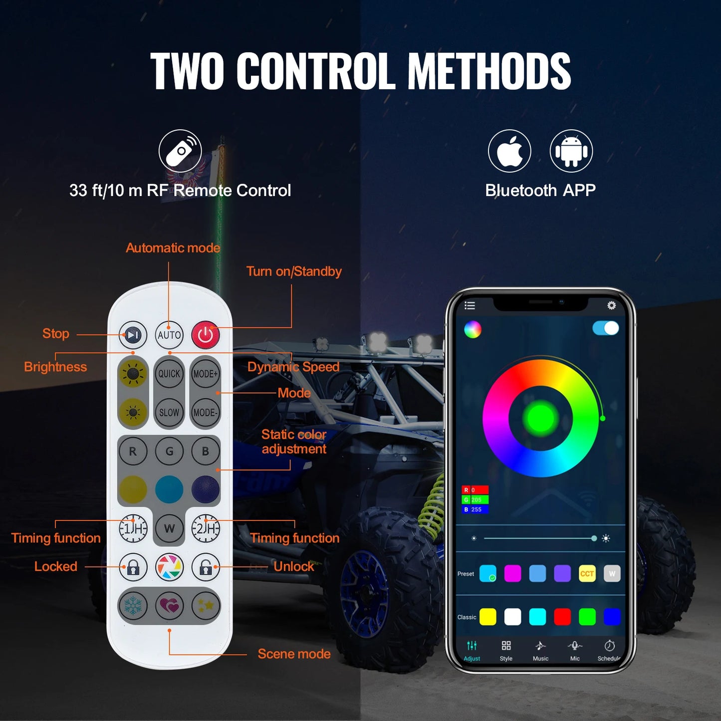 SucceBuy 2 PC 5FT Whip Light APP&RF Remote Control Led Whip Light Waterproof Lighted Whips for Motorcycle Off-road Go-kart