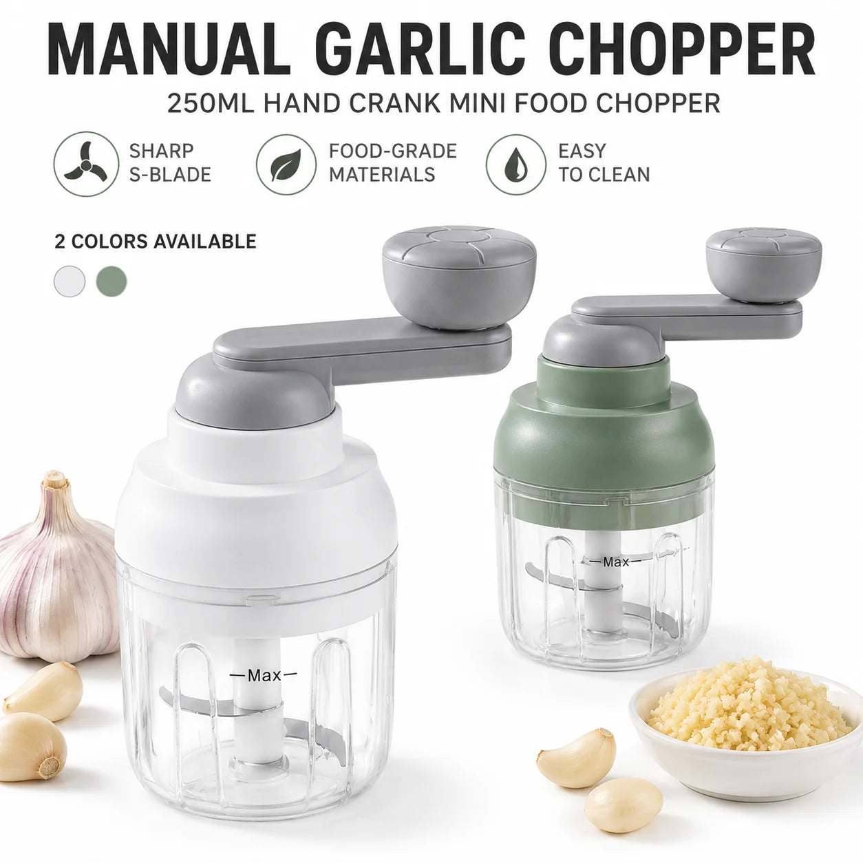 Manual Food Processor 250ML Hand Crank Vegetable Chopper Rotary Garlic Press Mincer Meat Blender Easy Clean Kitchen Gadgets