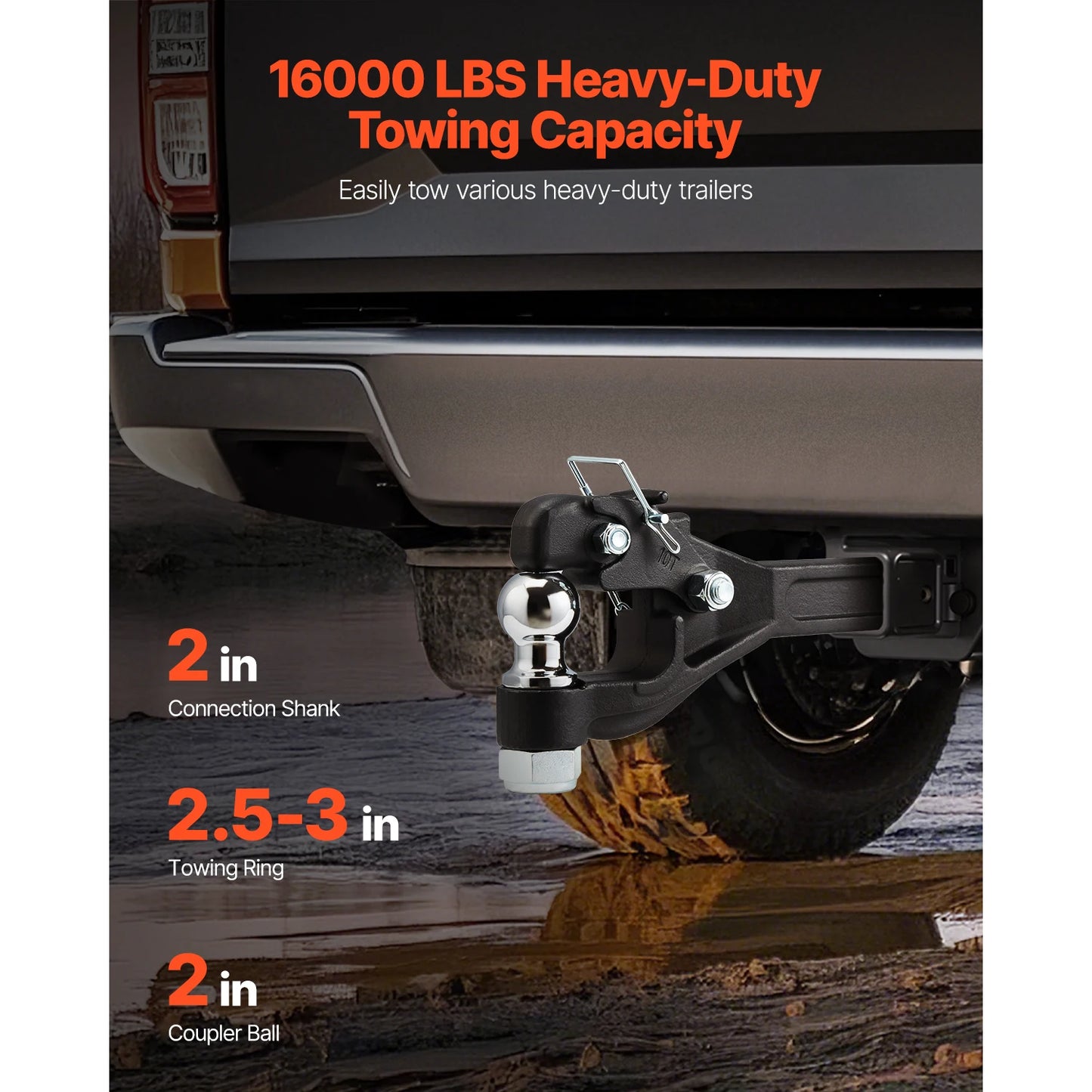 VEVOR Pintle Towing Hook Hitch Combination 2in/ 2-5/16-in Receiver Ball for 2in Hitch Hook fits 2.5 to 3-in Lunette Ring