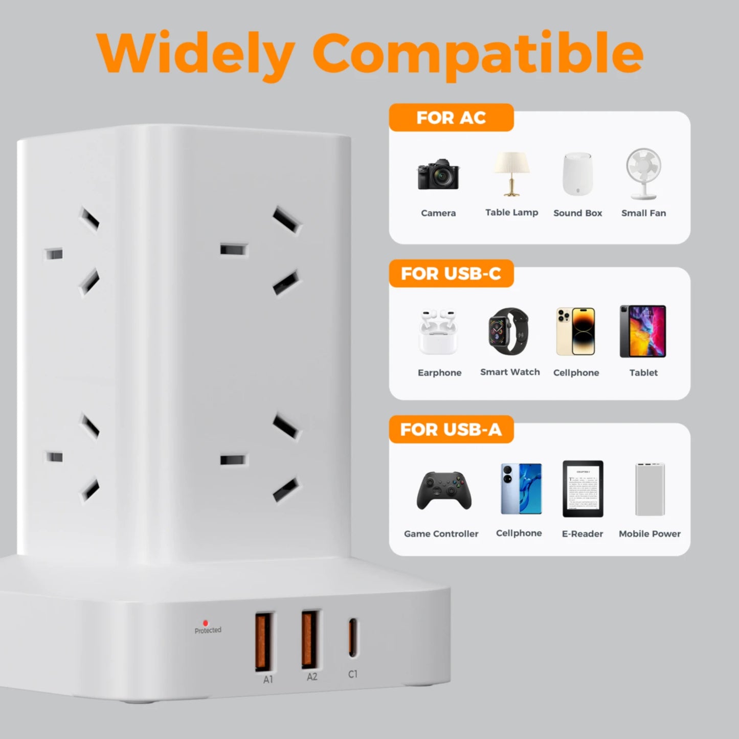 TESSAN AU Plug Tower Power Strip Desktop Fast Charging Station 65W GaN USB C AUS Power Strip with 6 USB Ports for Home Office