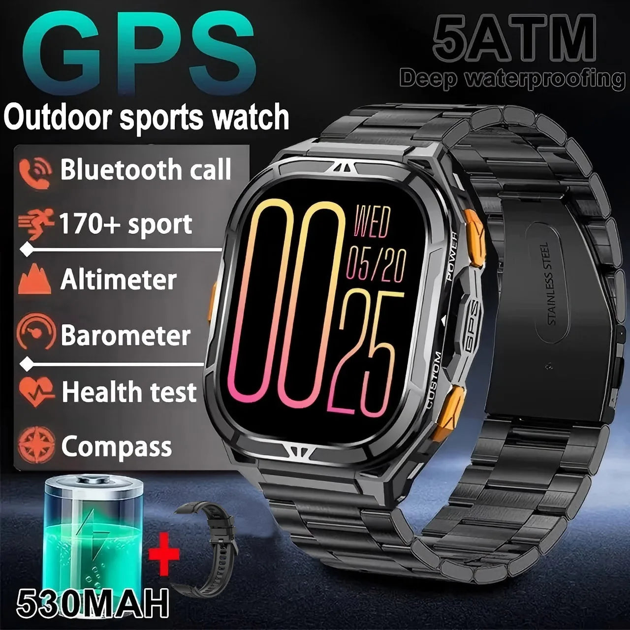 2026 New GPS Smart Watch Men 1.96-inch HD AMOLED Screen Compass Bluetooth Call 5ATM Waterproof Sport Smart Watch for Android iOS