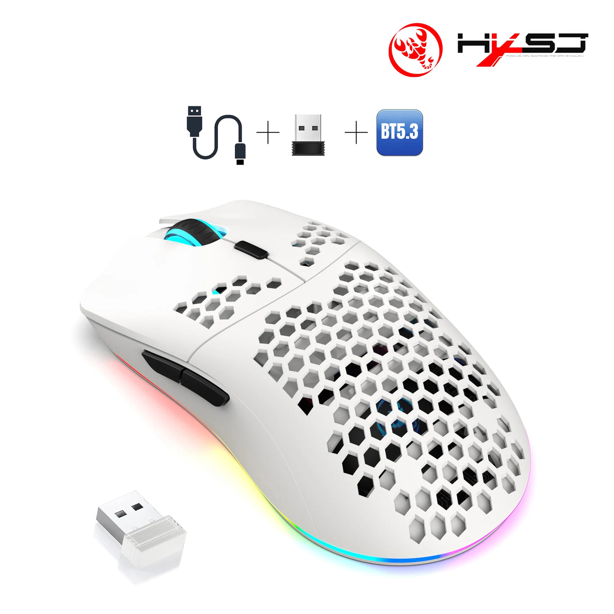 HXSJ T66 3-Mode 10000DPI Gaming Wireless Mouse RGB Luminous 650mAh Rechargeable 6 Buttons Macro Programmable Mice for PC Desktop