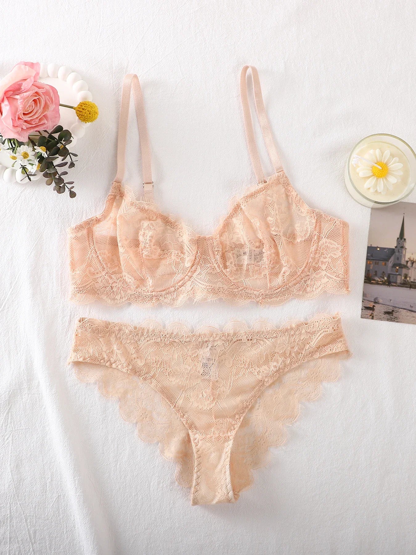 2-Piece Set - Lace Bra + Panties Set - See-Through Lace Lingerie Set  - Lace Women's Lingerie Set - Sexy Lingerie Set
