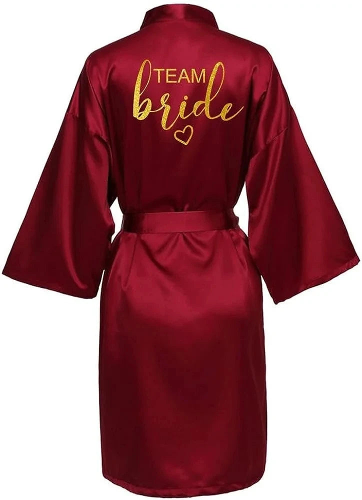 Wedding Party Team Bride Robe Kimono Satin Pajamas Bridesmaid Bathrobe Gold Letter SP093