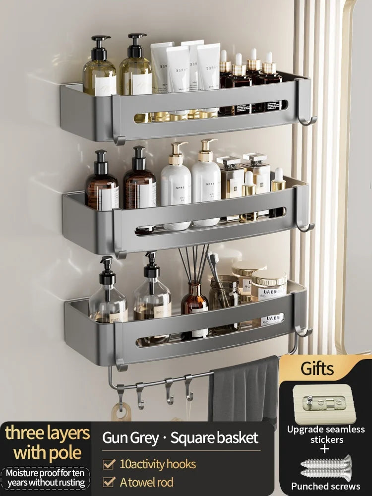 No-Drill Bathroom Shelf Shelves Shampoo Makeup Storage Holder Kitchen Organizer Wall Mounted Bathroom Accessories