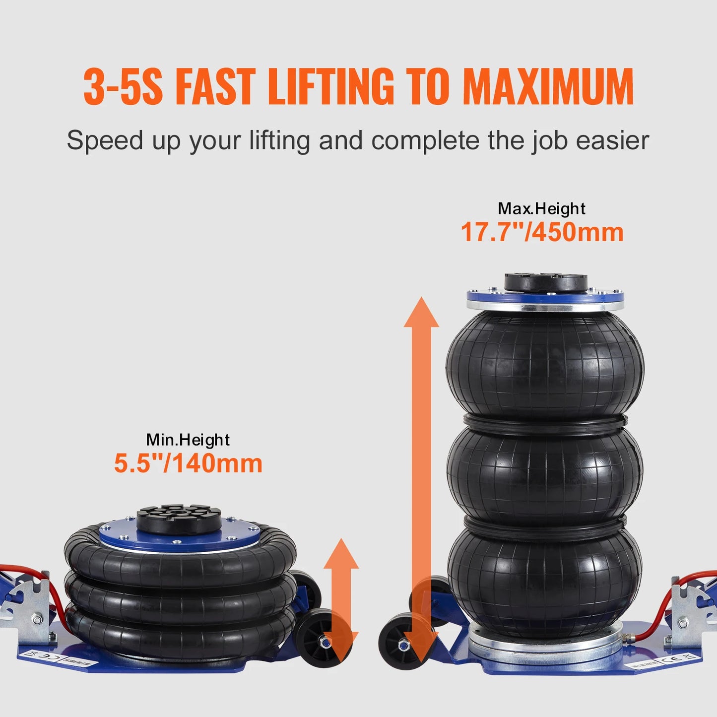 SucceBuy Pneumatic Jack 3 Ton/5 Ton Triple Bag Air Jack Quick Lift Heavy Duty Car Repair Jacks Folding Rod Jacks with Two Wheel