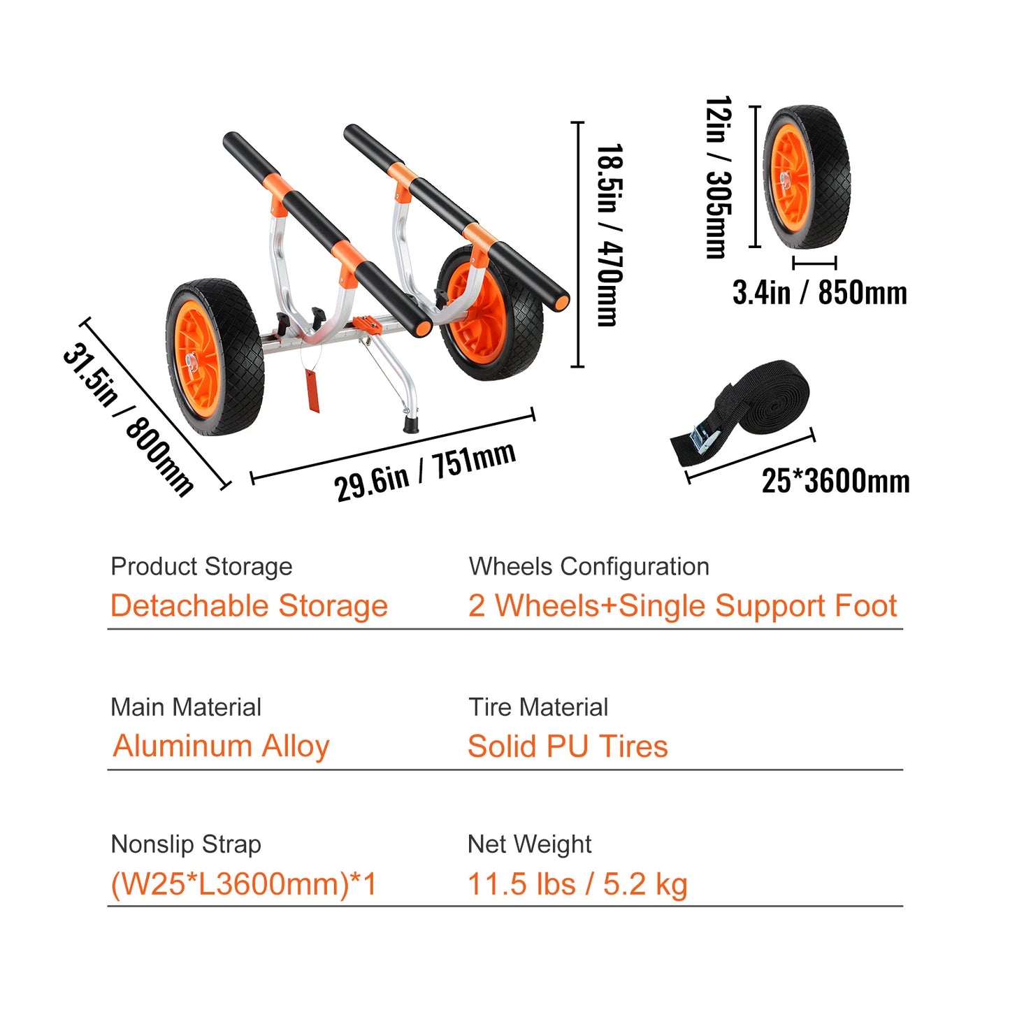 SucceBuy Heavy Duty Kayak Cart 450 lbs Capacity Foldable Canoe Trolley Cart 10''/12'' Solid Tires for Kayaks Canoes