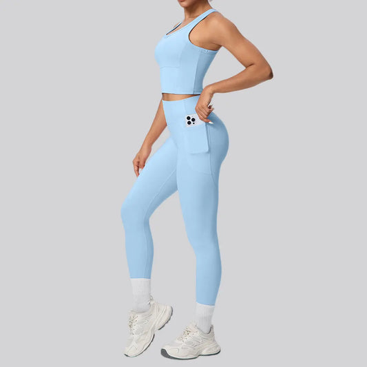 2PCS Yoga Suit Sports Set Women's Push Up Tracksuits Fitness Sports Bra Running Leggings With Pockets Workout Clothes Sportswear