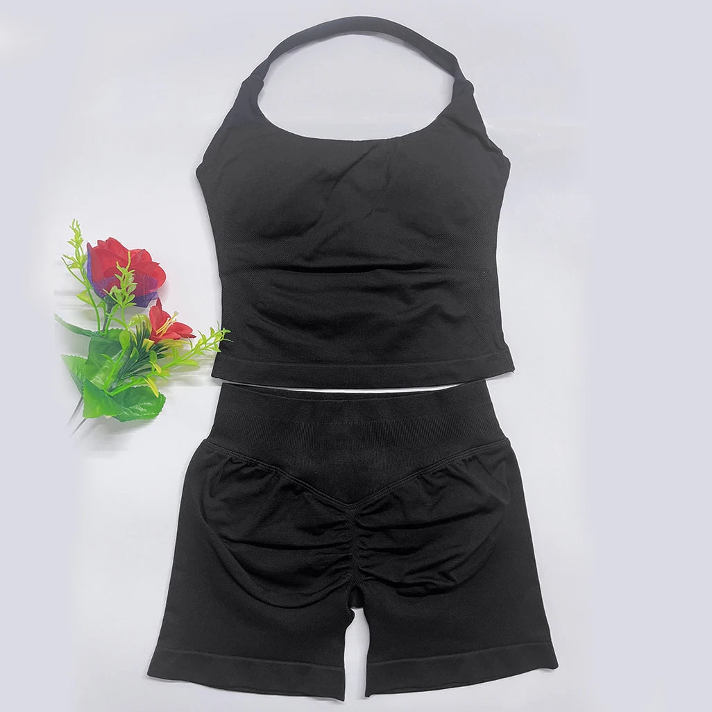Yoga Outfit DFNNYE Two Pieces Gym Set Women DF Impact Yoga Outfits Backless Halter Top Shorts Fitness Clothes Workout Sets