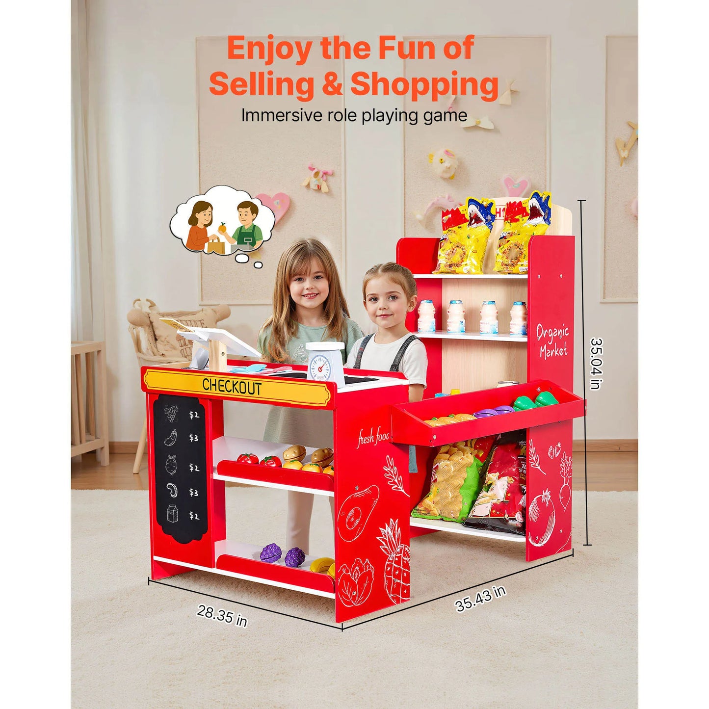 SucceBuy Kids Grocery Store Playset Wooden Play Supermarket Pretend Toy with Scanner & Cash Register for Children Birthday Gifts