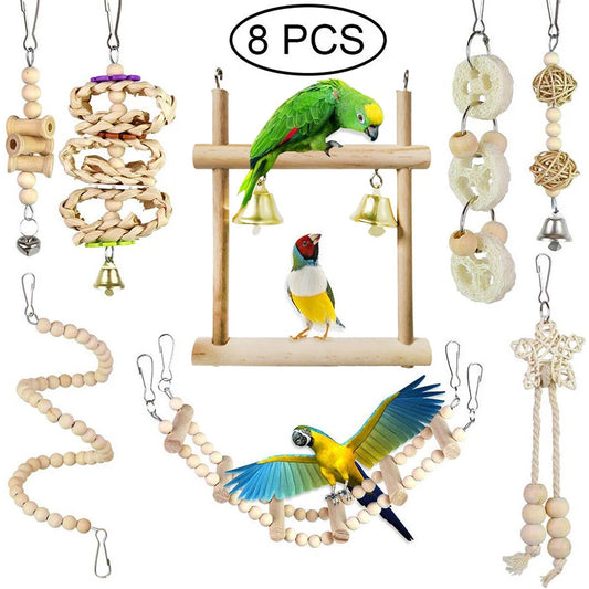 Random Bell 8PCS Bird Toys for Parakeets, Parrot Swing Chewing Hanging Standing Wooden Toys Bird Cage Accessories
