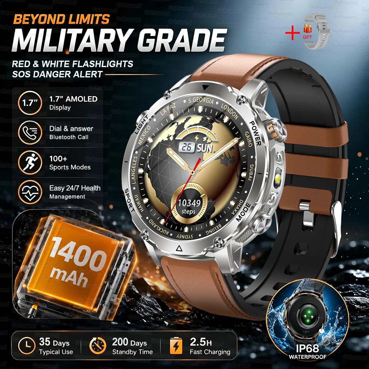 New 1400mAh Big Battery Smart Watch Men Outdoor GPS Flashlight IP68 Waterproof Bluetooth Call AMOLED Military Sports Smartwatch