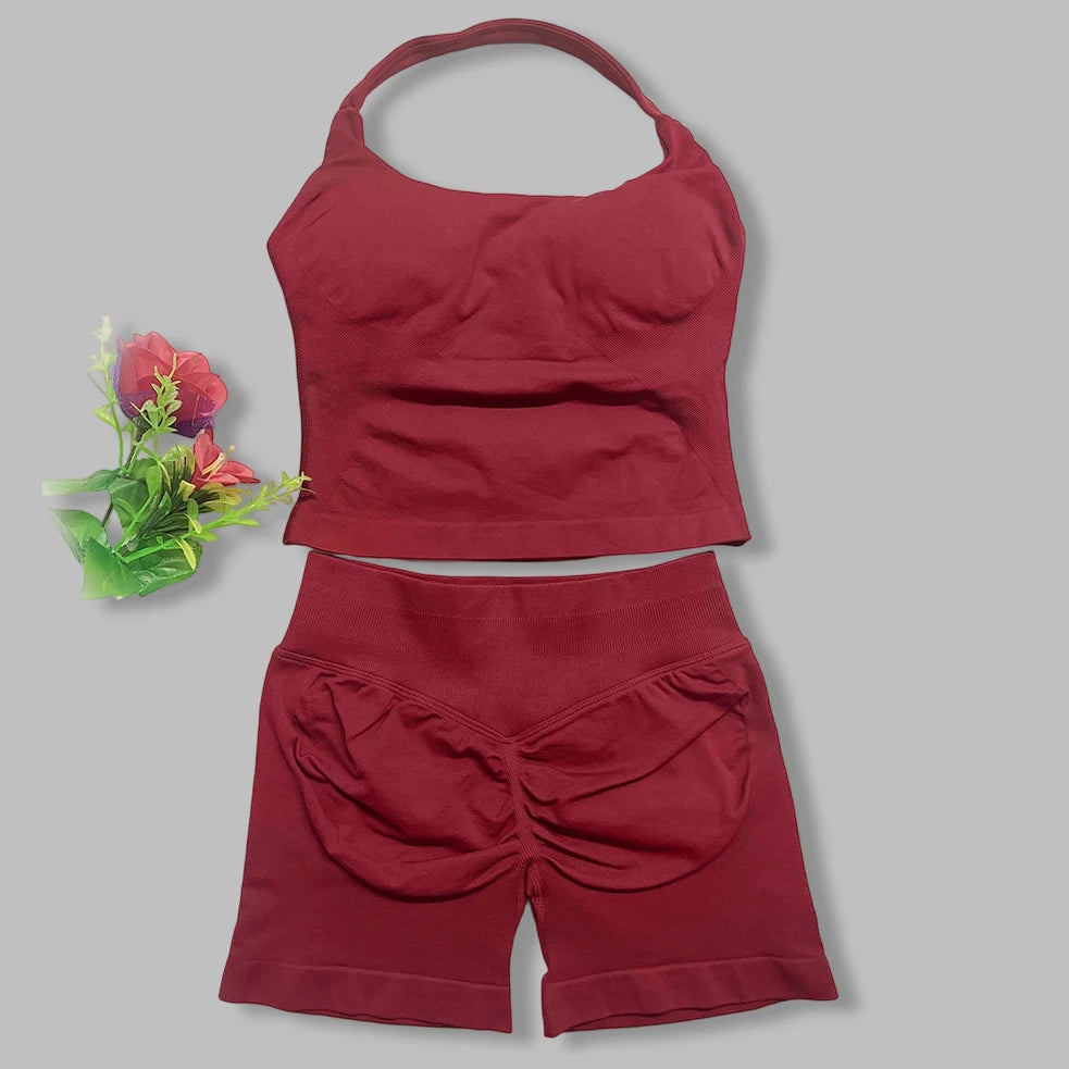 yoga outfits Women 2 pcs Sports DF Impact Set halterneck Backless Halter Top Seamless Scrunch Shorts Gym Workout Sports Suits