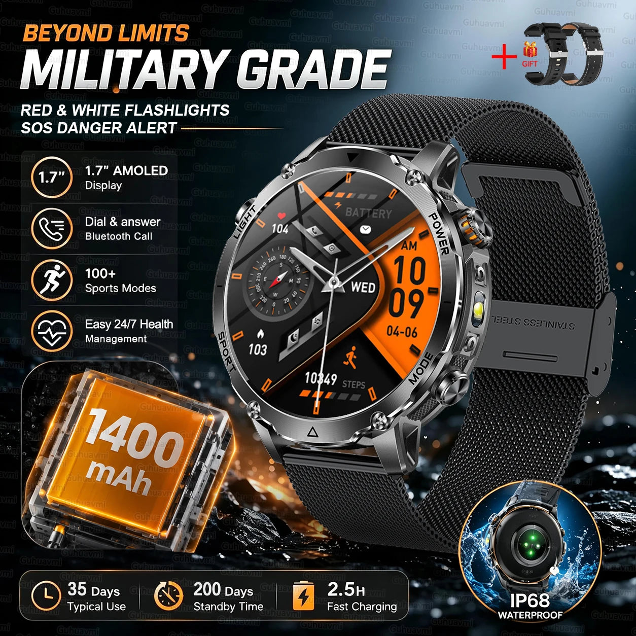 New 1400mAh Big Battery Smart Watch Men Outdoor GPS Flashlight IP68 Waterproof Bluetooth Call AMOLED Military Sports Smartwatch