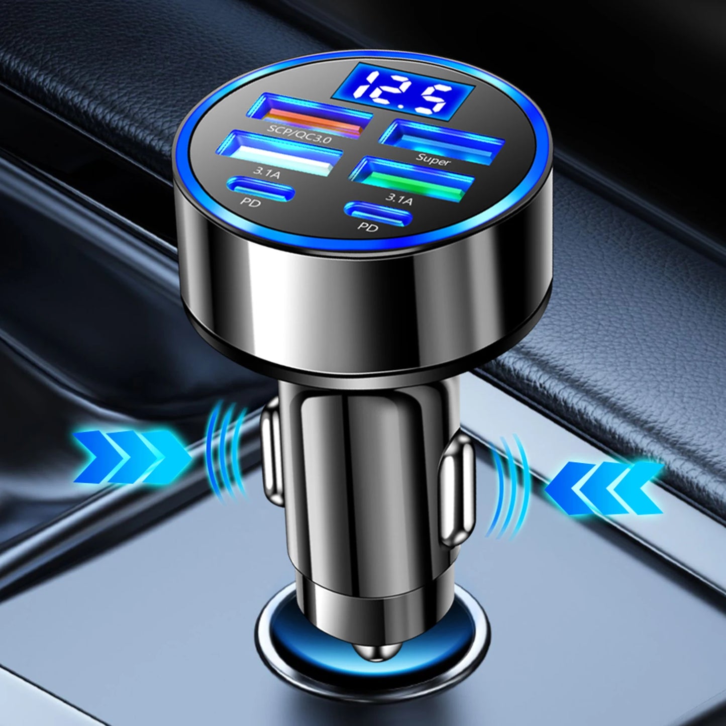 100W 6 Ports Cigarette Lighter Adapter 4USB 2PD Car Charger Adapter Fast Charger for Cell Phones Tablets and Other USB Devices