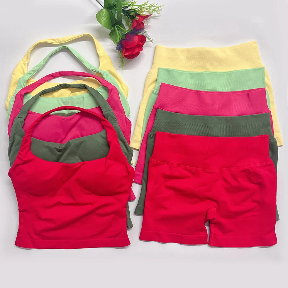yoga outfits Women 2 pcs Sports DF Impact Set halterneck Backless Halter Top Seamless Scrunch Shorts Gym Workout Sports Suits