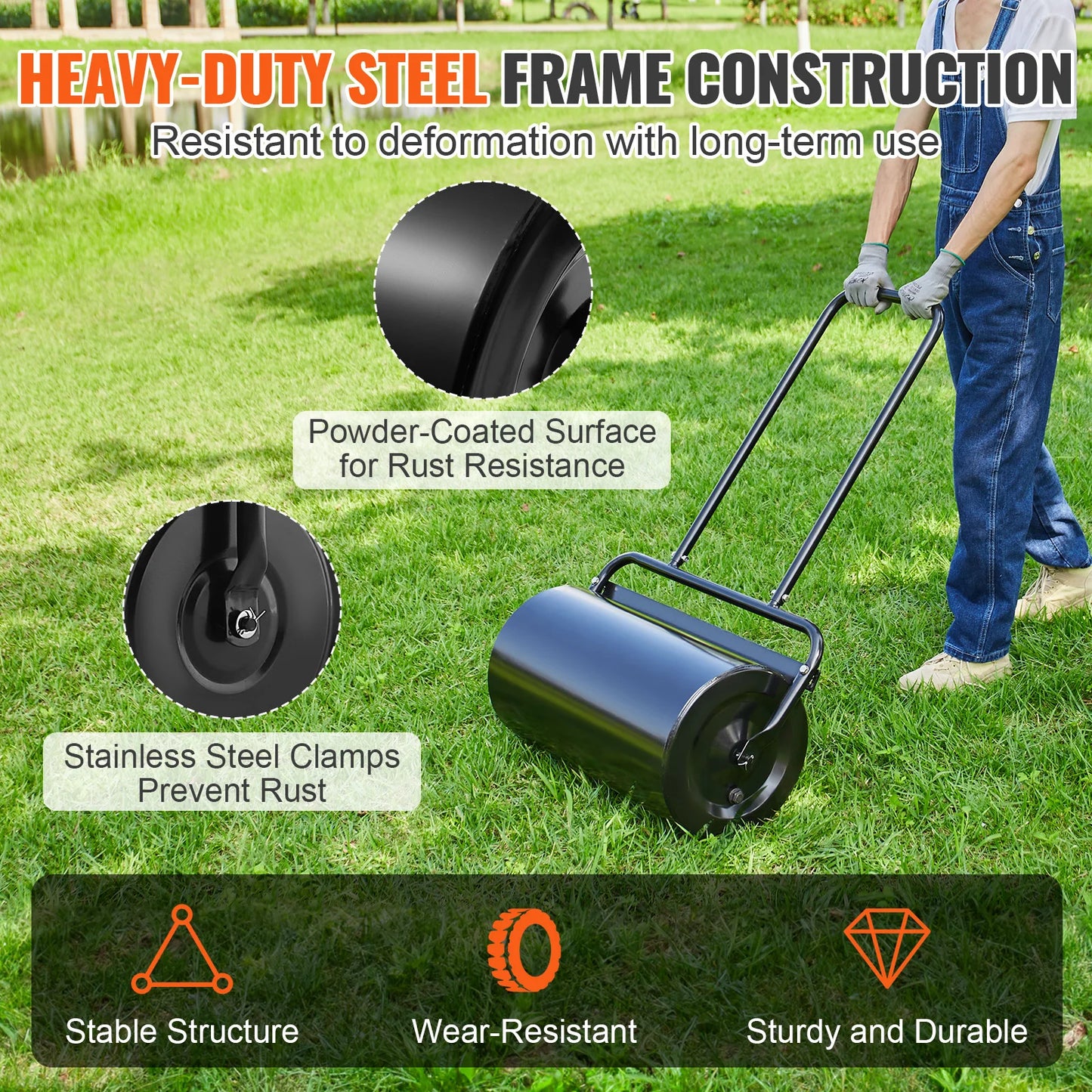 SucceBuy Lawn Roller 13 Gallon Sand/Water Filled Yard Roller Steel Sod Roller with Easy-turn Plug and U-Shaped Ergonomic Handle