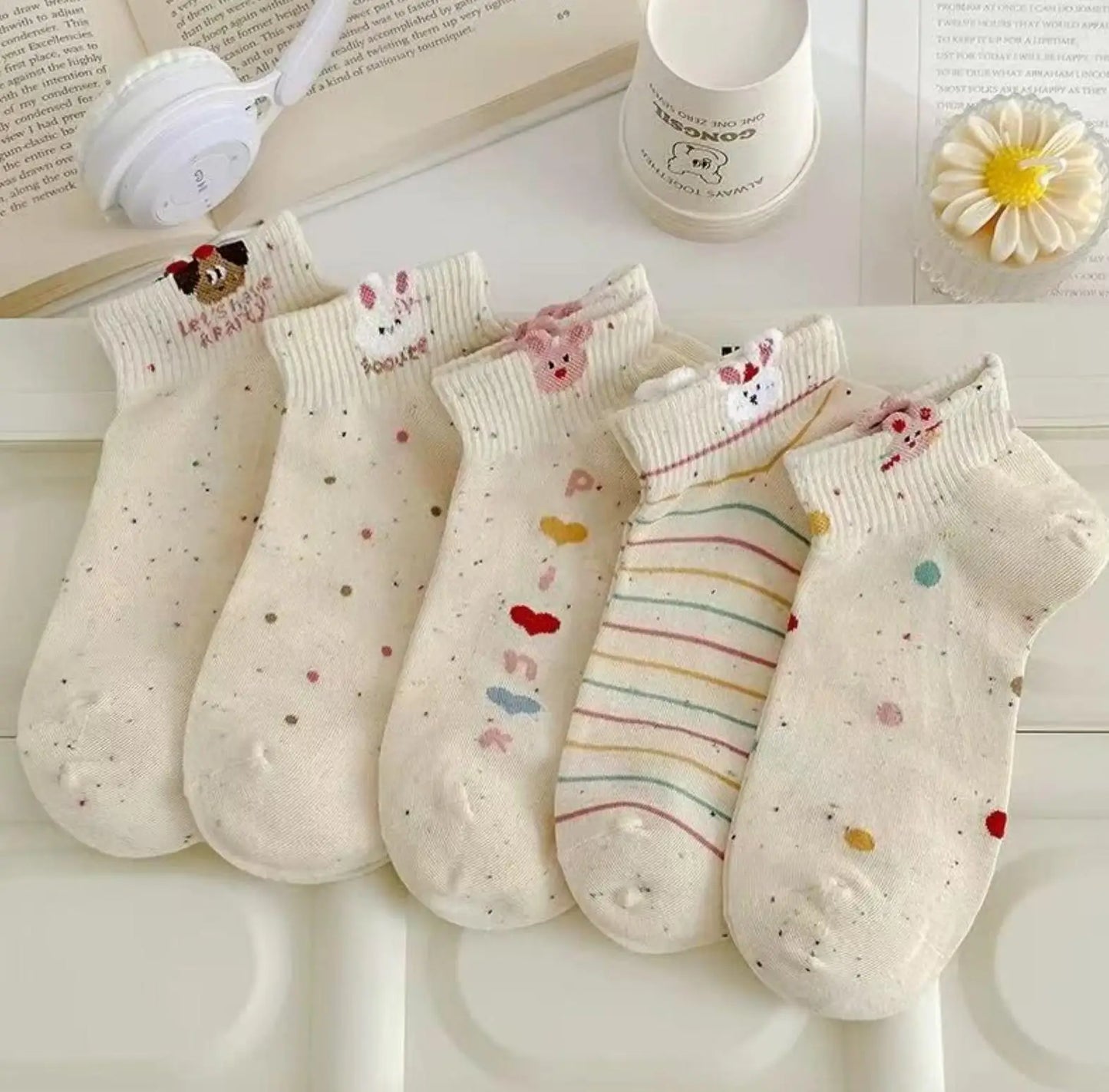 5Pairs/lot Summer Socks Black and White Cat Glass Silk Breathable Female Socks Simple Short Socks