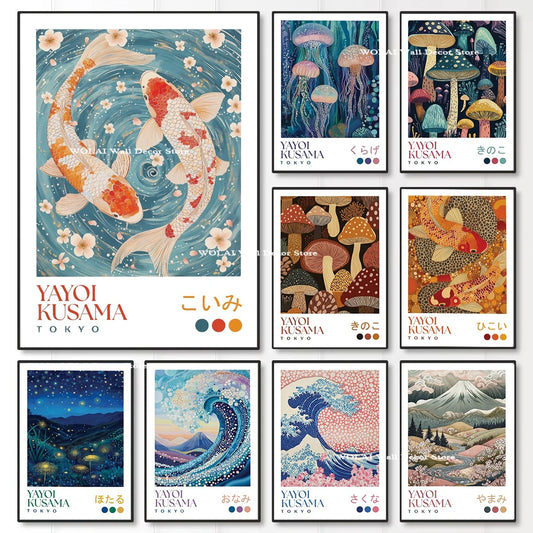 Yayoi Kusama Koi Fish Jellyfish Animal Canvas Prints Japanese Hokusai Giant Wave Wall Art Posters for Living Room Home Decor