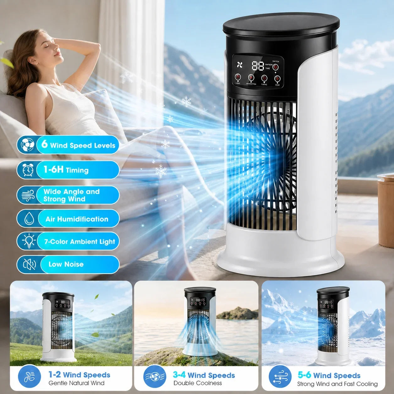 Portable Air Conditioner Fan 6 Speeds Misting Humidifier USB Desktop Cooler LED Display Timer Home Office Personal Summer