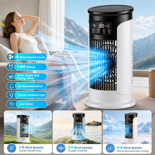 Portable Air Conditioner Fan 6 Speeds Misting Humidifier USB Desktop Cooler LED Display Timer Home Office Personal Summer