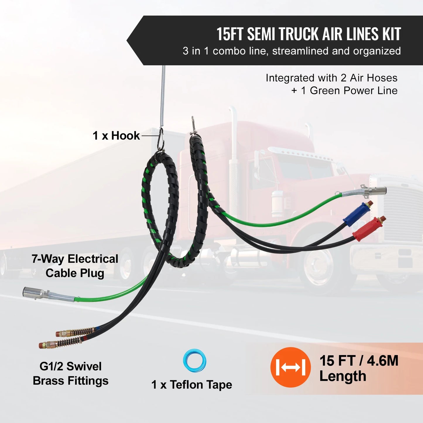 SucceBuy Semi Truck Air Line Kit 3-in-1 Air Hoses&ABS Power Line Plug Electrical Cord Cable&Rubber Air Lines Hose Assembly Kit