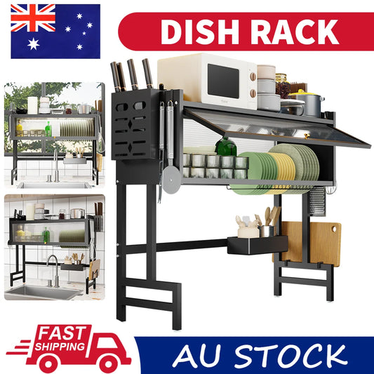 85CM Over Sink Dish Drying Rack Drainer Steel Cup Cutlery Organizer 3 Tier with Dust Cover