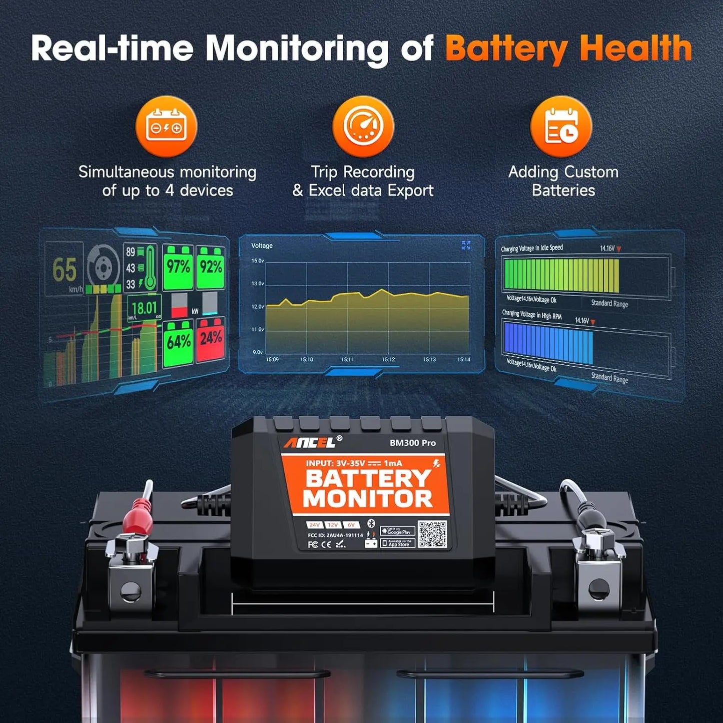 ANCEL BM300 PRO Bluetooth Battery Monitor Tester 6V/12V/24V Car Motorcycle Cranking/Charging Battery System Analyzer Test Tools