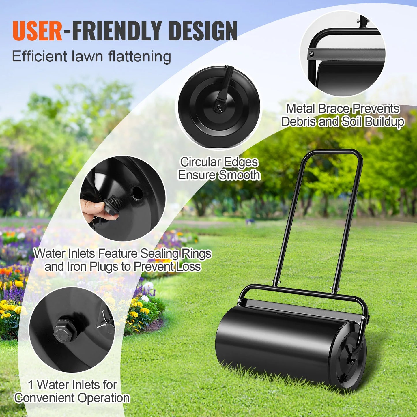 SucceBuy Lawn Roller 13 Gallon Sand/Water Filled Yard Roller Steel Sod Roller with Easy-turn Plug and U-Shaped Ergonomic Handle