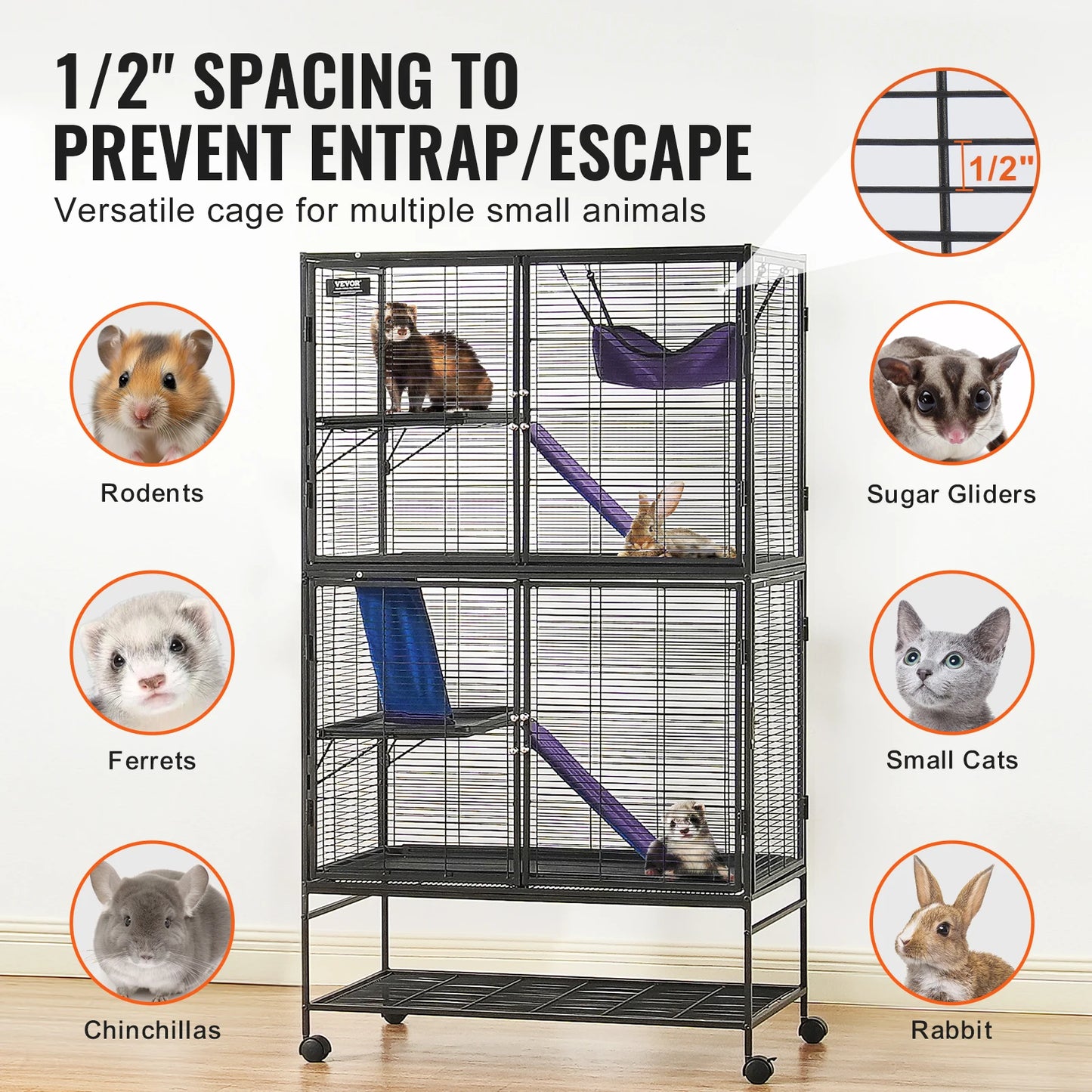 SucceBuy 64.6" Rolling Metal Ferret Cage Large 4-Tier Critter Nation Cage Small Animal Cage for Hamster Rats Guinea Chinchilla
