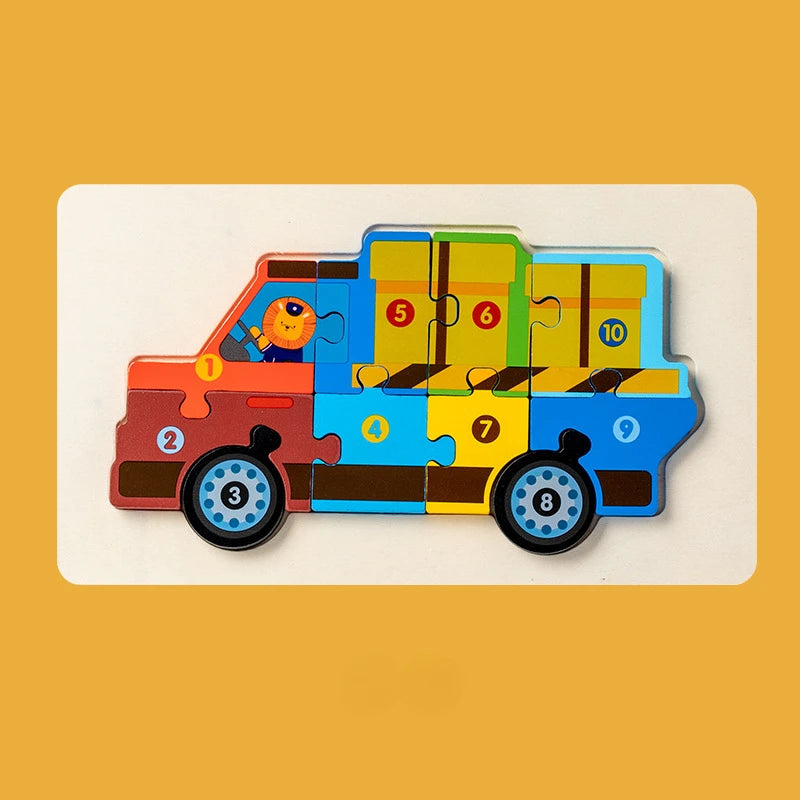 Children Montessori Wooden Puzzle Baby 3D Engineering Vehicle Jigsaw Early Education Matching Cognitive Puzzles Toys for Kids