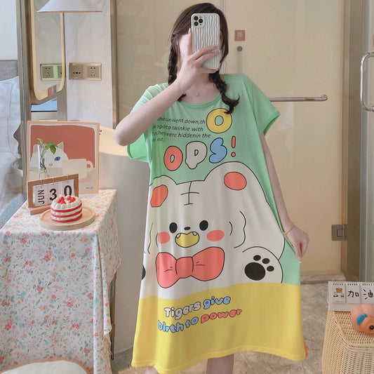 1PC, Summer And Autumn Cool Cute Girls Cartoon Nightdress, Comfortable Short-sleeved Dress, Women's Home Wear, Polyester Pajama