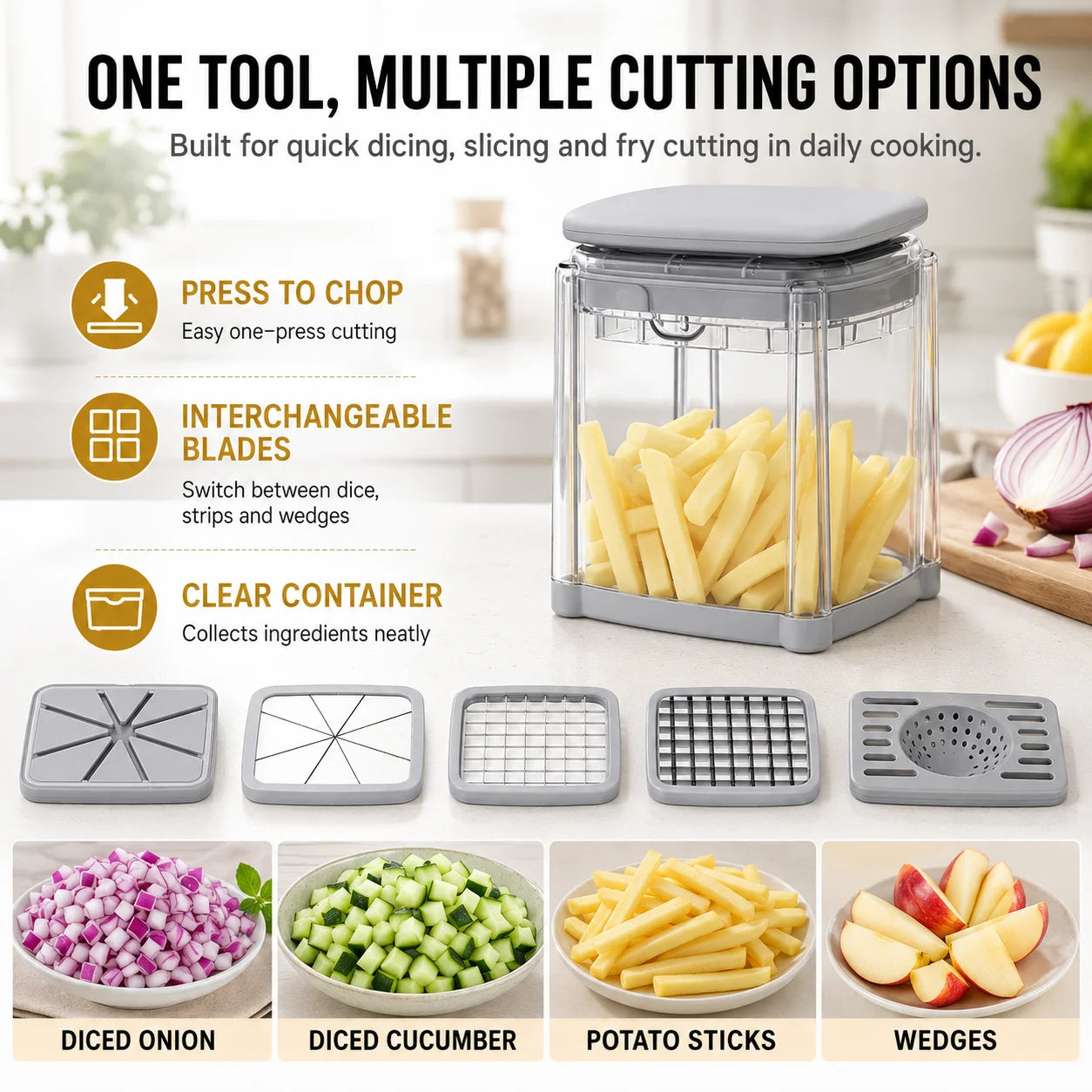 Multifunctional Vegetable Chopper Potato Chipper With 4 Blades Press Down Onion Cutter For Fast Salad Cooking Preparation