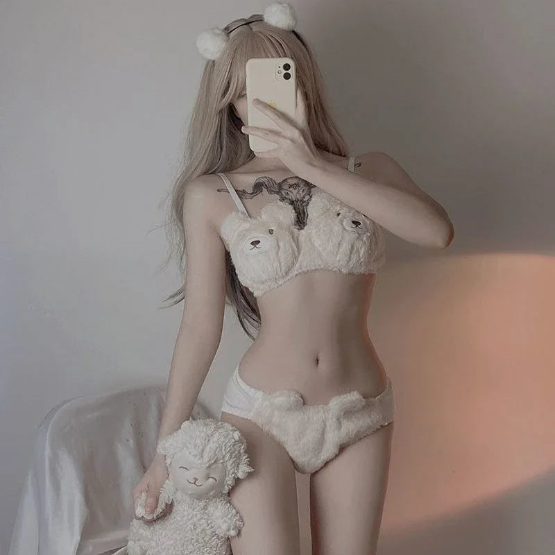 Women's Comfortable Winter and Autumn Plush Bear-shaped Bra Set, Cute Cartoon-style Soft and Warm Small-breasted Gathering Bra