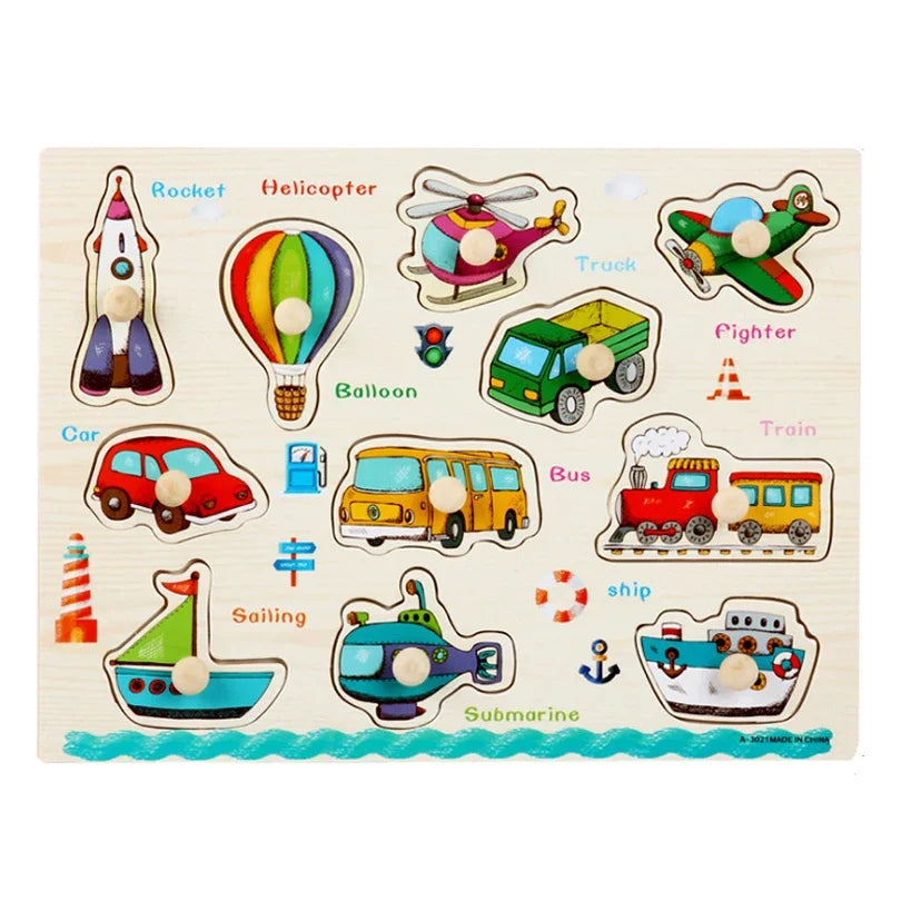 30cm Baby Toys Montessori Wooden Puzzle Hand Grab Board Educational Wood Puzzles for Kids Cartoon Animal Vehicle Gift for Child