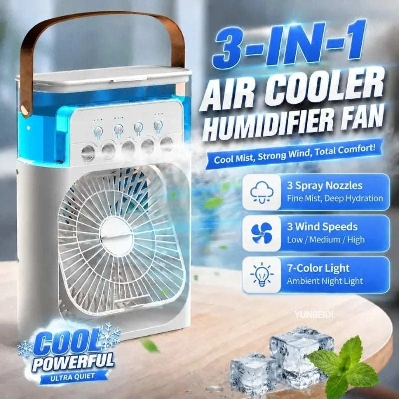 3-in-one Portable Air Conditioner Fan with LED Light Humidifier Timing Function Desktop Spray Fan for Home and Office Use
