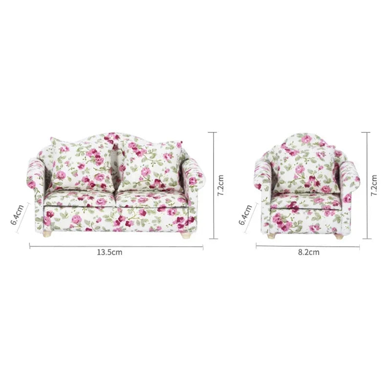 Mini Dollhouse Furniture Sofa with Pillow Set Simulation 1:12 Miniature Living Room Kids Pretend Play DIY Doll House Decor