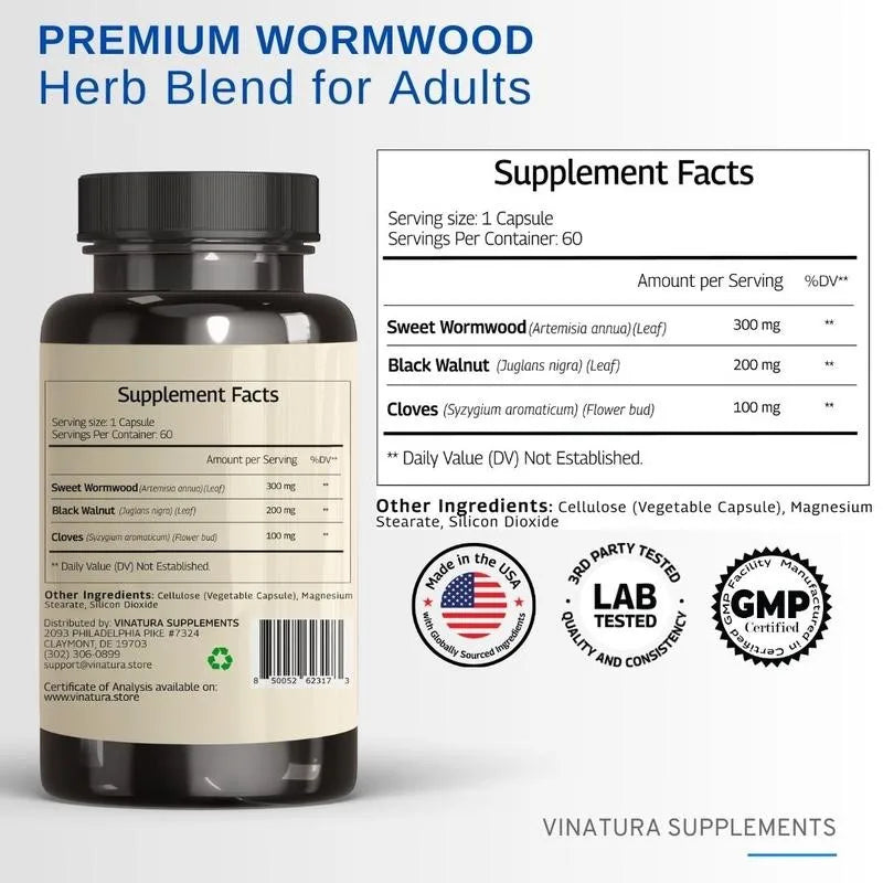 Wormwood Black Walnut Clove - Colon Cleanse & Detox Constipation Relief, Sweet Wormwood, Cloves
