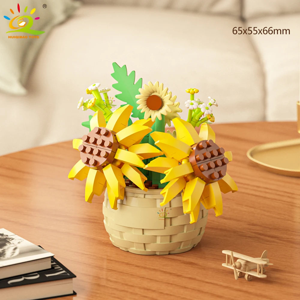 HUIQIBAO MOC Bouquet Potted Plant Micro Building Blocks Eternal Flower Model DIY Home Desk Decoration Brick Toy For Children