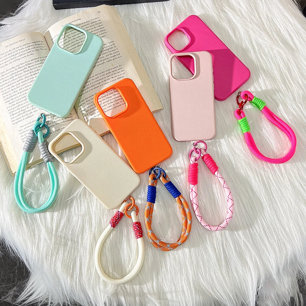 Lanyard Strap Rope Silicone Phone Case For iPhone 13 17 11 15 12 14 16 Pro Max Soft Candy Color Lichee Pattern Leather Cover